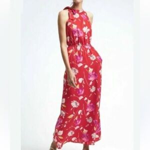 Banana Republic Red and White Floral Dress XS EUC Maxi Lined Pockets